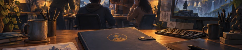 Painted illustration of collaboration in a game studio, with a contract folder on a desk.