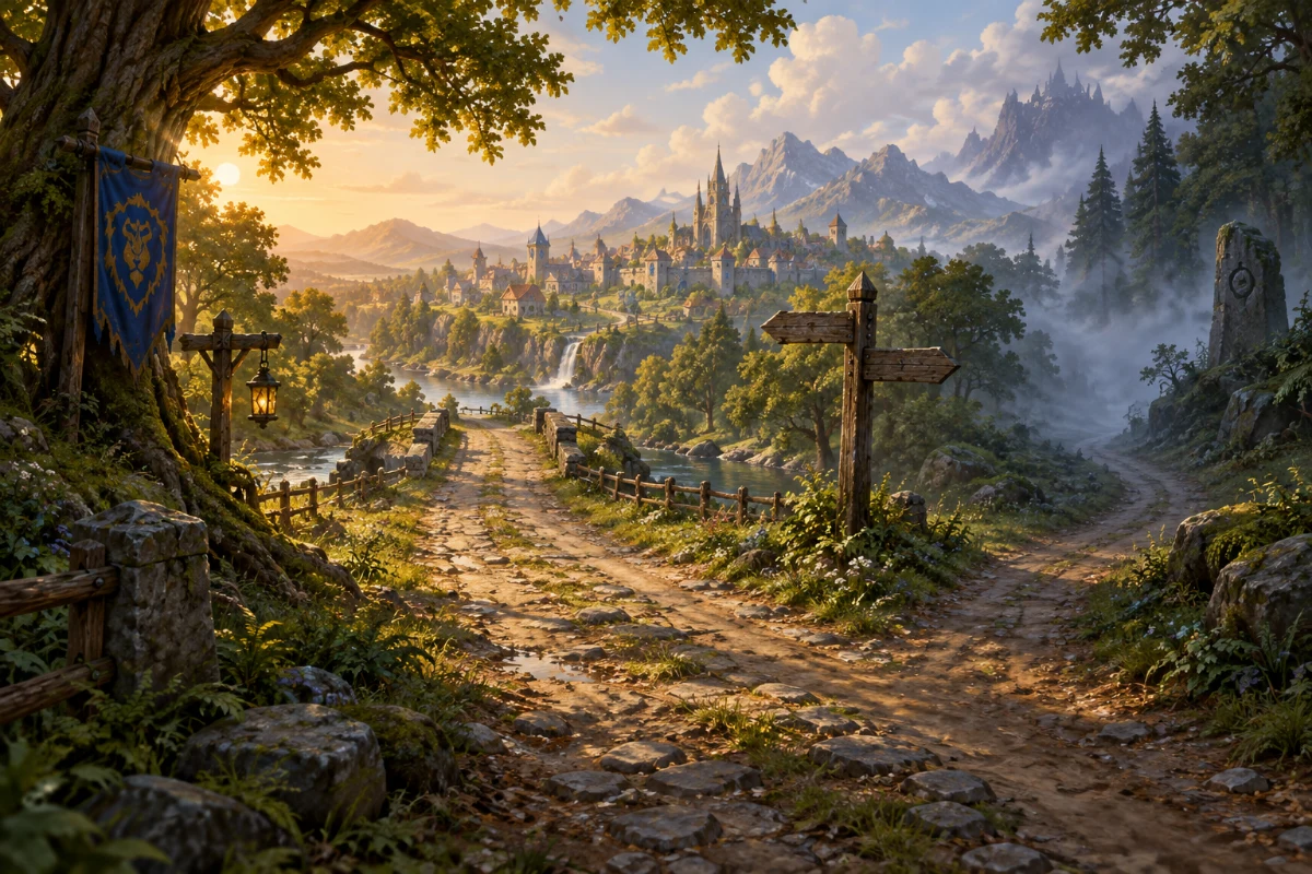 Illustration: an adventurer’s road branches toward a sunlit town and a misty forest.
