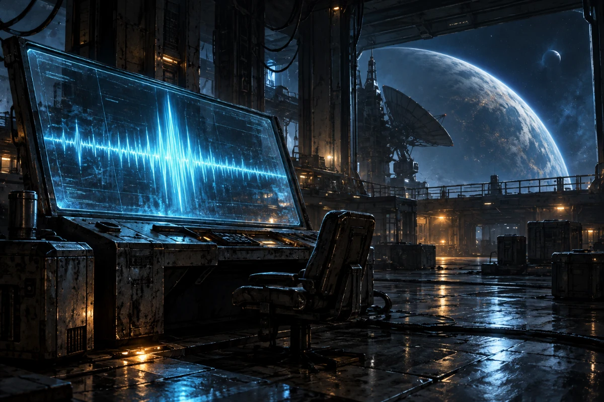 Illustration: a blue signal glows on a deserted space station’s display beside a distant planet.