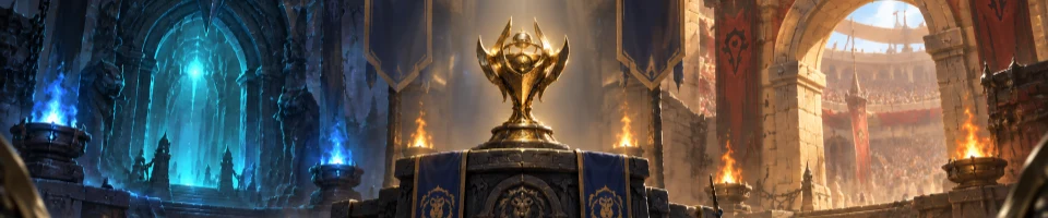 Illustration: a championship trophy in a fantasy competition arena.