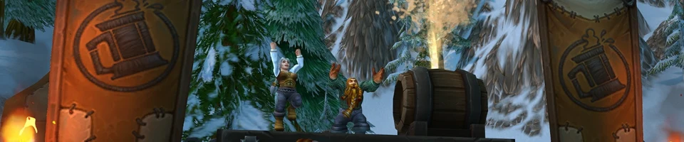 Blizzard’s Brewfest image of revelers and a large keg at a snowy festival ground.