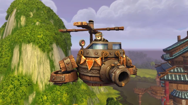 Blizzard’s image of the Brewfest Barrel Bomber mount and its pandaren pilot.