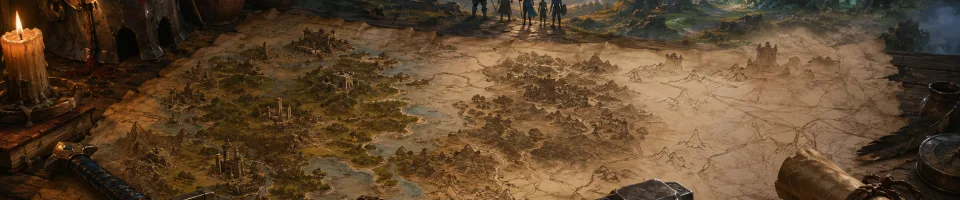 An old fantasy world map continues into an uncharted frontier watched by a party of adventurers.