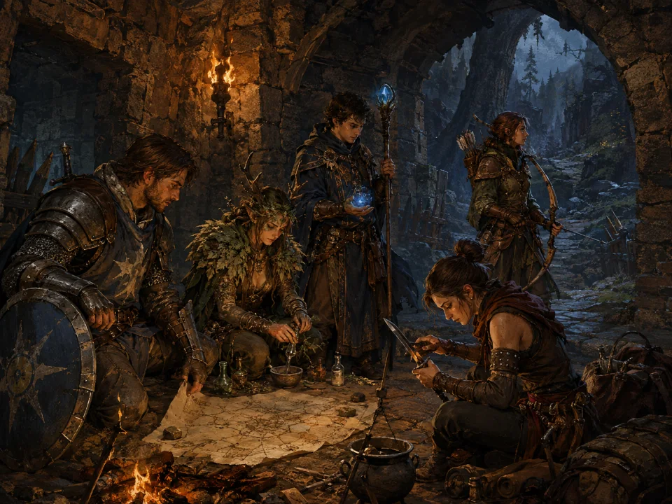 A party of five ordinary adventurers prepares together at the entrance to an old stone dungeon.