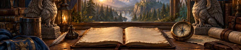Illustration of an adventurer's desk with an open book, compass and two carved stone gryphons.