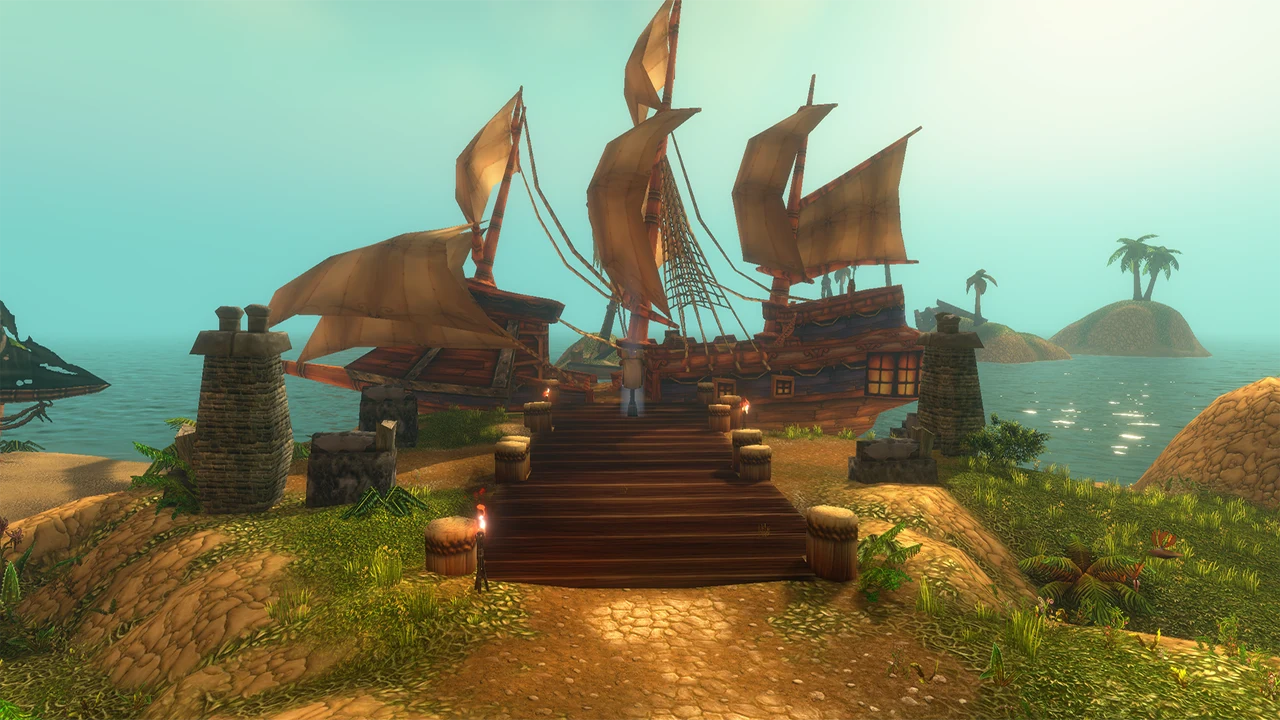 A sailing ship at a Darkspear Islands dock in Blizzard's official screenshot.