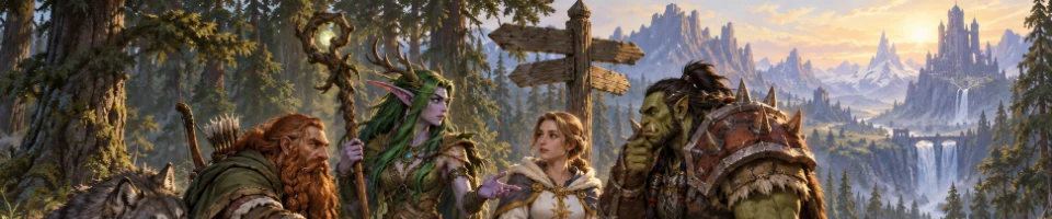 Illustration of a hunter with a wolf, a druid, a priest and a warrior at a forest crossroads.