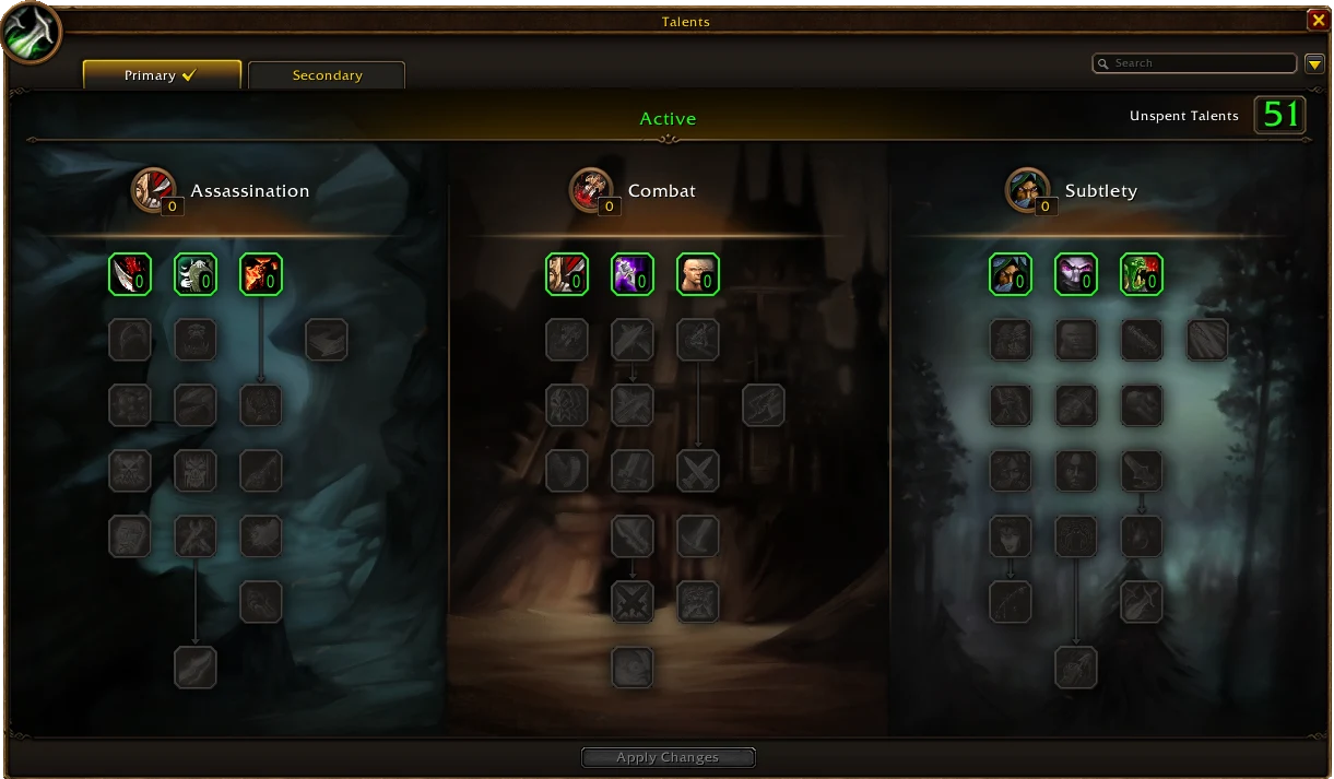 Blizzard's Rogue talent-tree screenshot showing Assassination, Combat and Subtlety.