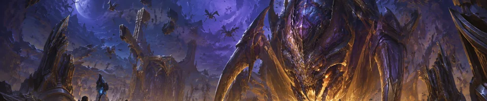 A colossal ancient aqir creature rises from beneath ruins onto a moonlit battlefield.