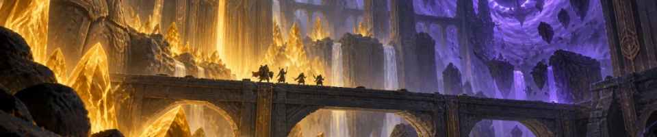 Illustration: a small adventuring party crosses a bridge between golden crystals and a violet titan vault.