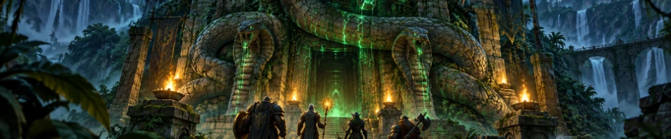 Illustration of adventurers approaching a jungle temple with a glowing green entrance.