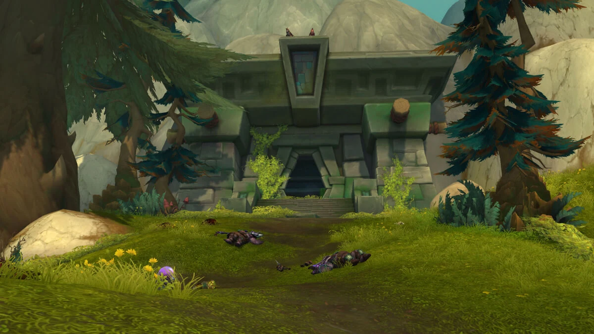 The stone entrance to the Labyrinth of Kindo’jan in Eversong’s grassy landscape.