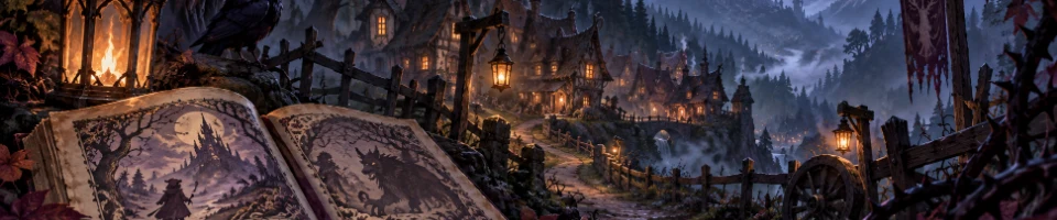 Illustration: an open storybook and lanterns stand before a village surrounded by a dark forest.