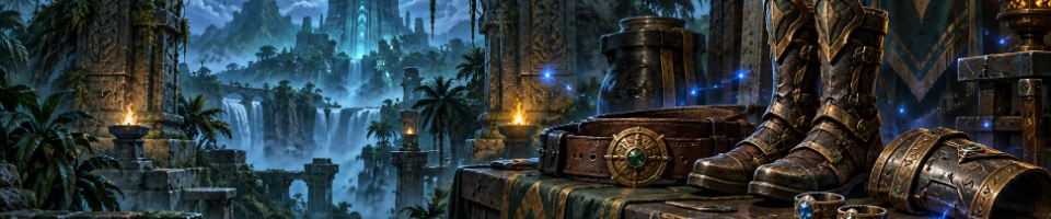 Fantasy illustration of an armor merchant’s equipment beside a moonlit jungle temple.