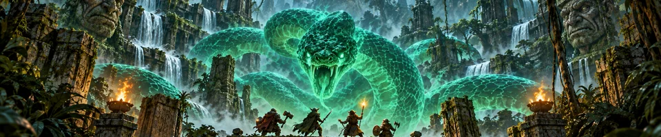 Illustration of adventurers confronting a huge spectral serpent inside a ruined jungle temple.