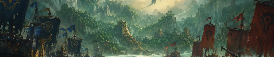Two rival fleets approach a lush mist-covered coastline and ancient temples.