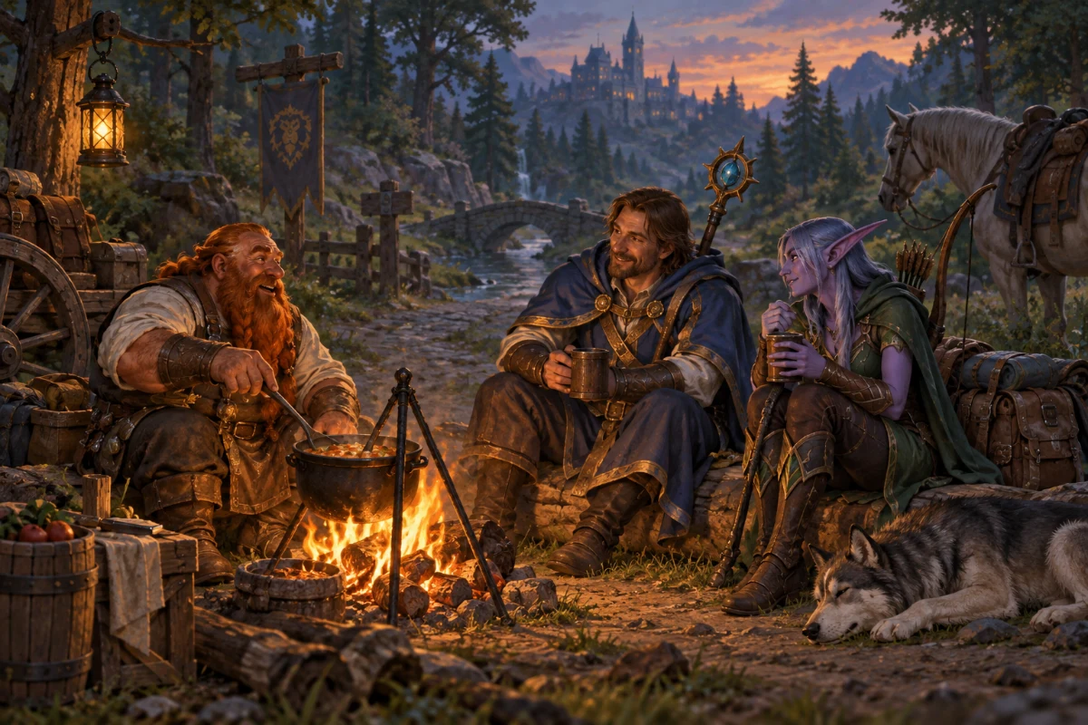 Illustration: a dwarf cooks over a campfire while a human and a night elf sit with him beside the road.