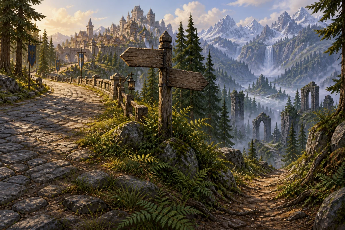 Illustration: beside a weathered wooden signpost, a stone road leads to a city and a narrow trail descends toward misty ruins.