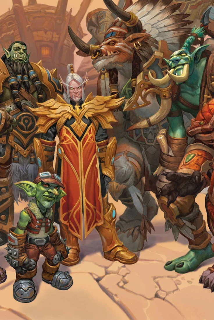 A group portrait of Horde peoples, including an orc and a tauren.