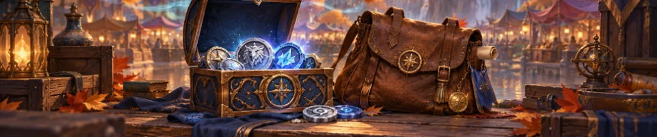 Fantasy illustration of a treasure chest and an adventurer’s satchel on an autumn market stall.