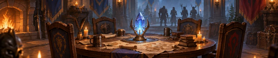 Illustration: a guildhall council table with parchments and a blue crystal.