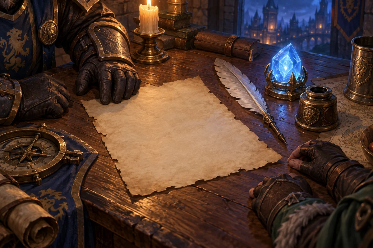 Illustration: blank parchment, a quill and a blue crystal on an adventurers’ table.