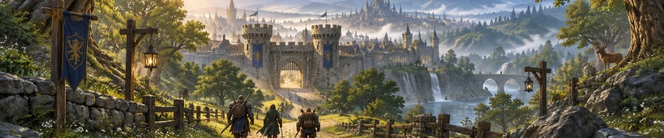 Illustration: an old stone road crosses a green forest toward misty fantasy city gates.