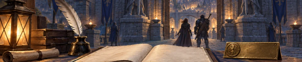 Illustration of an open name ledger and feather quill at a fantasy city gate.
