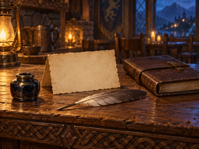 Illustration of a blank name card, ink pot and journal on an inn counter.