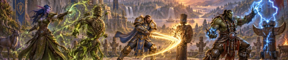 Illustration of a druid, paladin and shaman practising their abilities in the morning light.