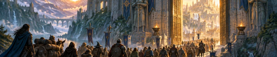 Illustration of adventurers approaching the gates of a vast fantasy city.