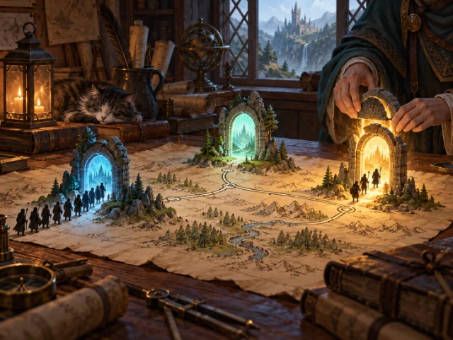 Illustration of miniature portals and connecting paths on a cartographer’s table.
