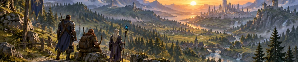 Illustration: three adventurers look across a sunlit valley toward a distant fantasy city.