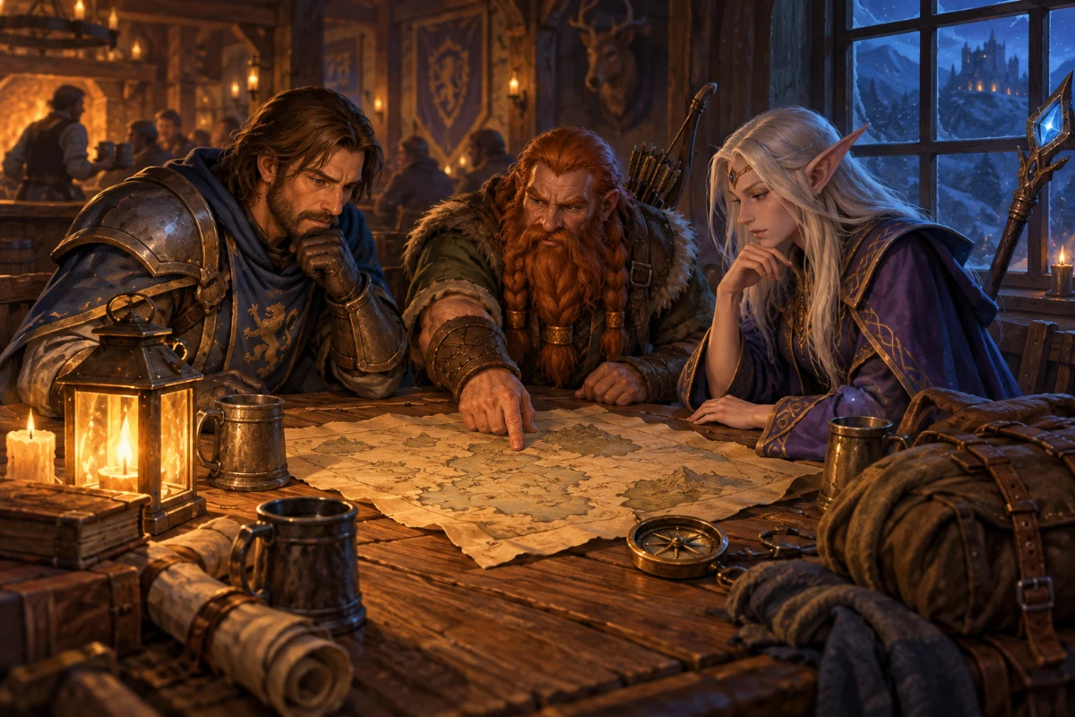 Illustration: three adventurers plan a journey over a map in a lantern-lit tavern.
