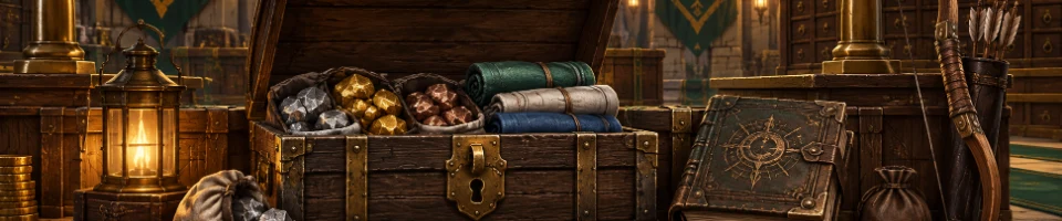 Illustration of an open storage chest, spellbook and bow in a fantasy bank.