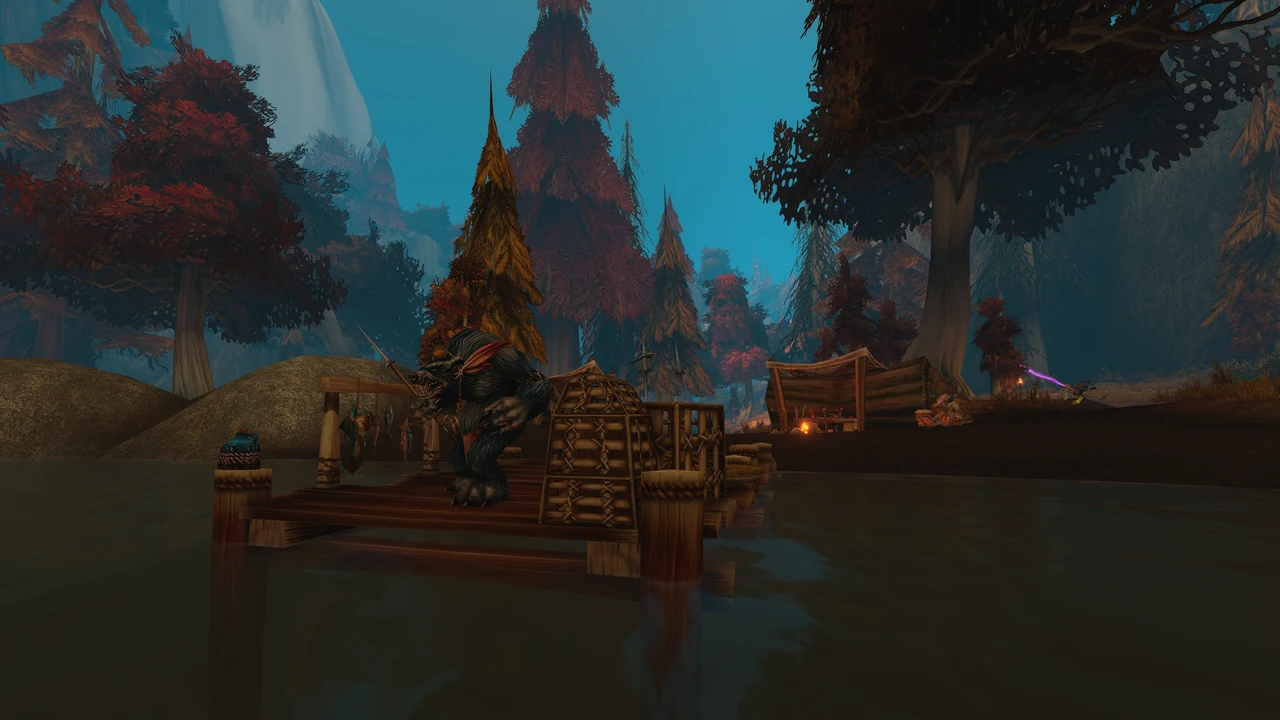 A furbolg stands on a wooden platform among baskets and red-leaved trees in Blackmaw Hold.