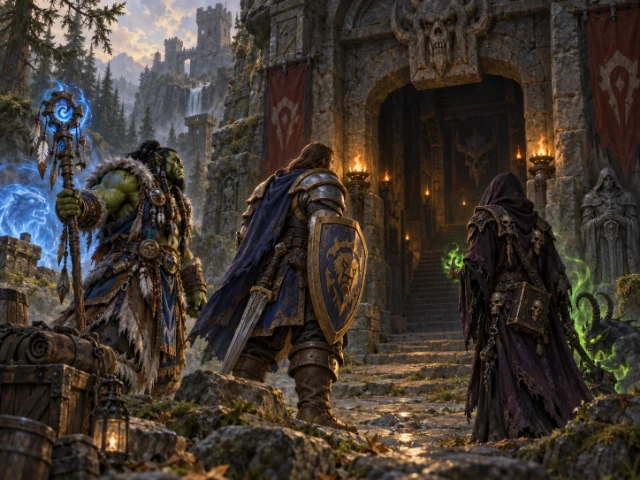 Illustration of a warrior, shaman and warlock preparing outside a dungeon entrance.