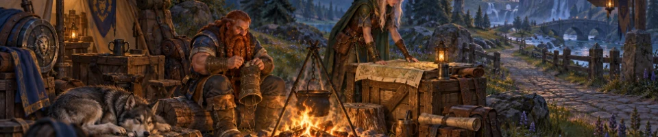 Illustration: a dwarf repairs equipment while an elf studies a map at a woodland campfire.