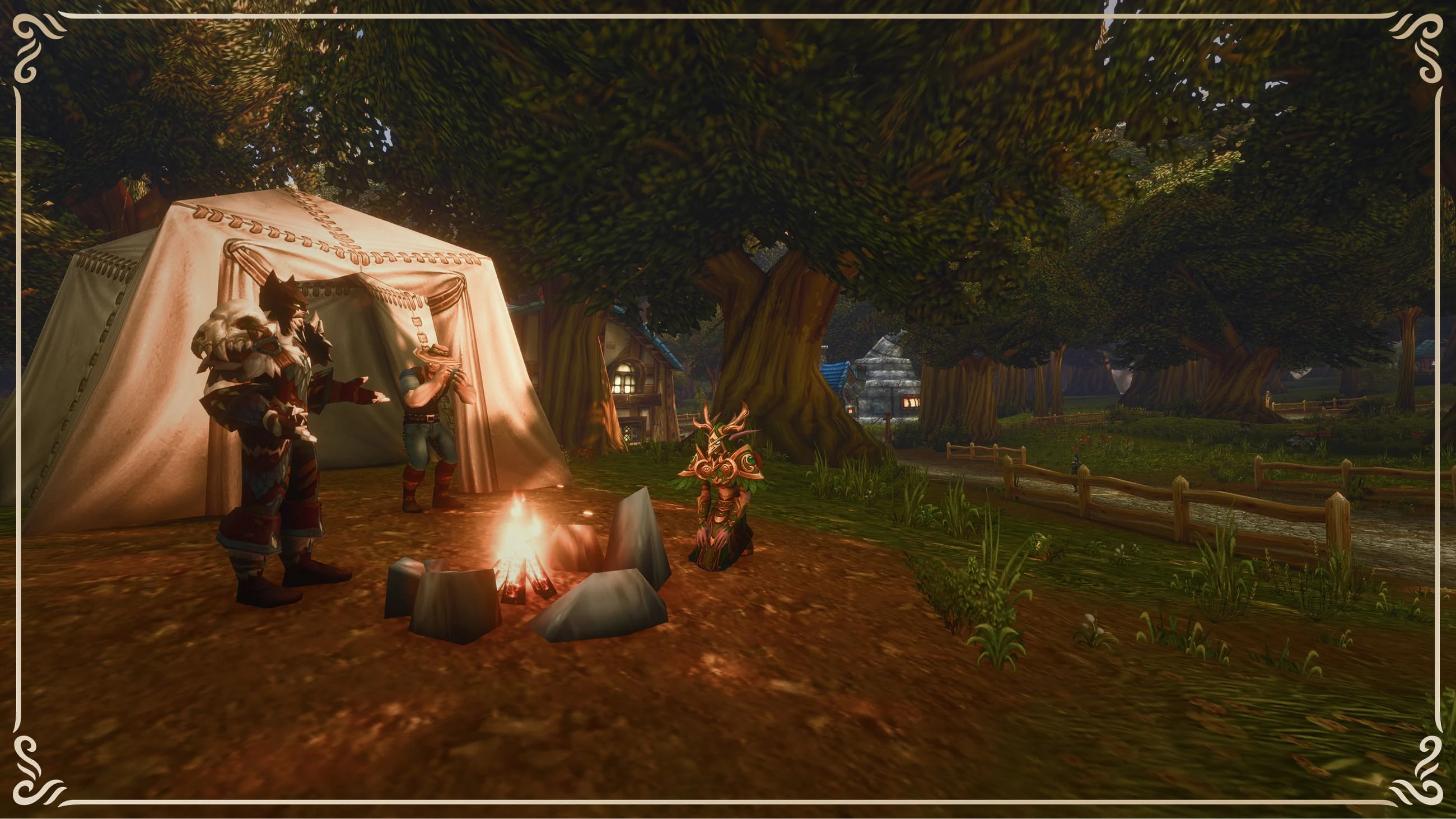 Official Blizzard Forever promotional image: characters gather beside a tent and campfire in a forest.