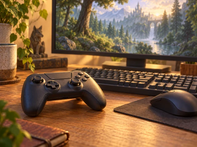 Illustration of a controller, keyboard and mouse together on a wooden gaming desk.