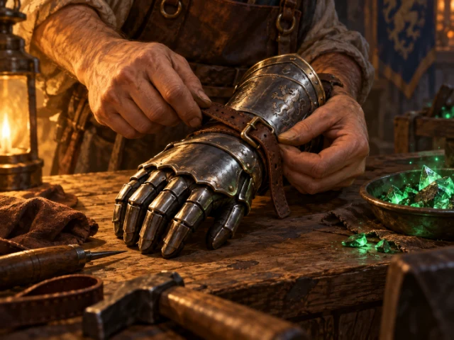 Illustration of a craftsperson attaching a leather strap to a steel gauntlet.