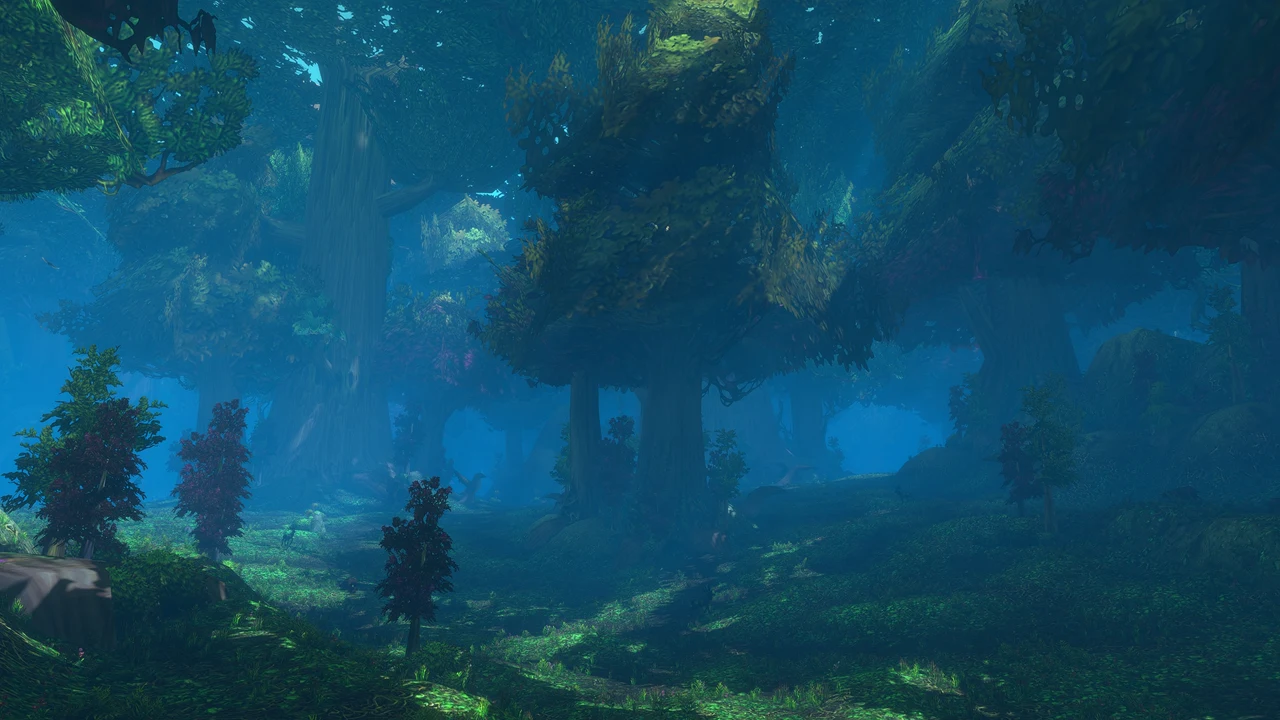 Tall trees and blue-green undergrowth in a Forever forest landscape.