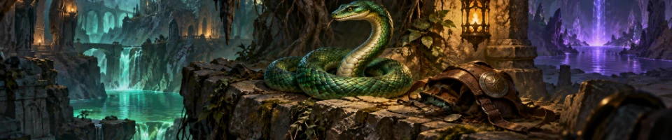Illustration of a green serpent in a cavern framed by roots and weathered stone.