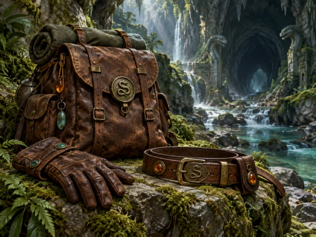 Illustration of a travel pack and leather equipment beside an underground stream.