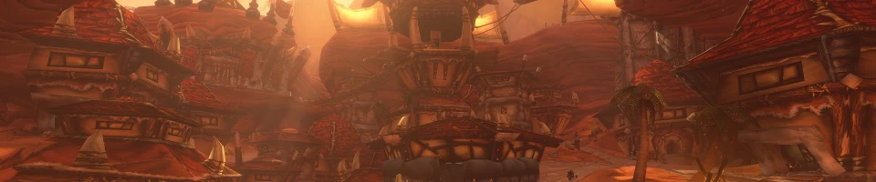 Blizzard’s official view of Orgrimmar buildings in evening sunlight.