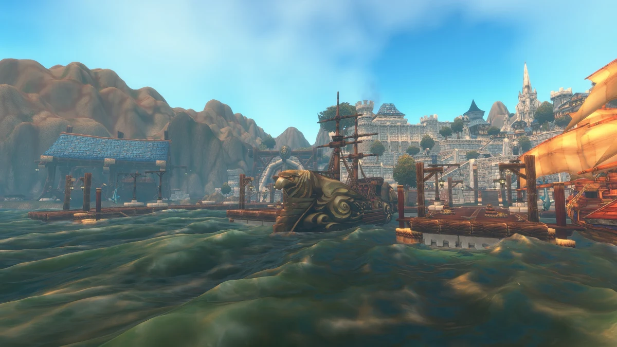Stormwind harbour and a sailing ship in Blizzard’s official preview image.