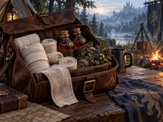 Illustration of an open first-aid satchel with red potion bottles and bandages at a forest campsite.
