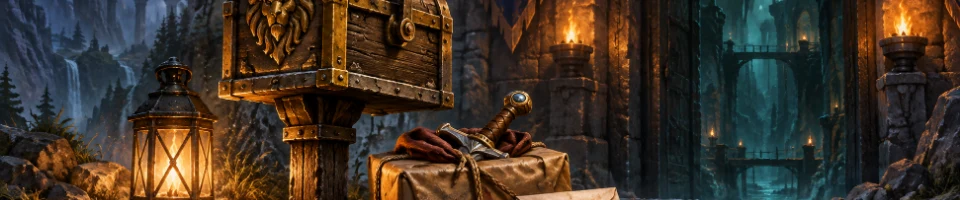 Illustration of a fantasy mailbox and an equipment parcel beside a stone dungeon entrance.