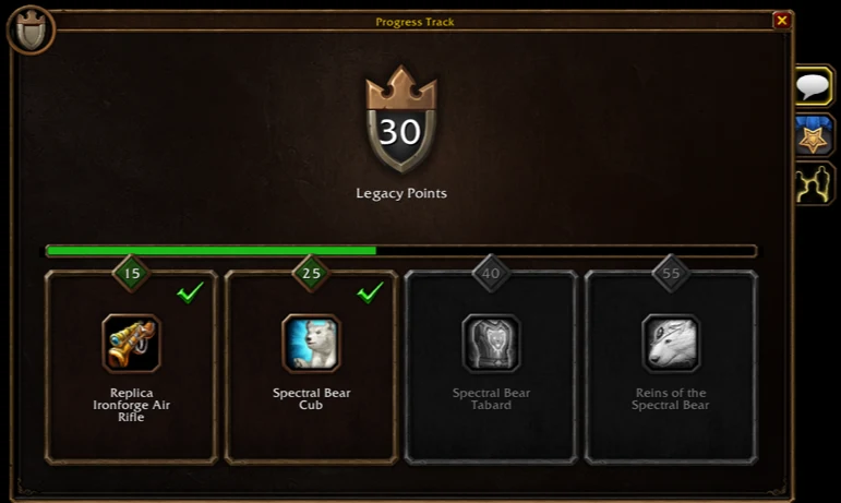 Blizzard’s Legacy reward-track preview showing the air rifle and Spectral Bear rewards.