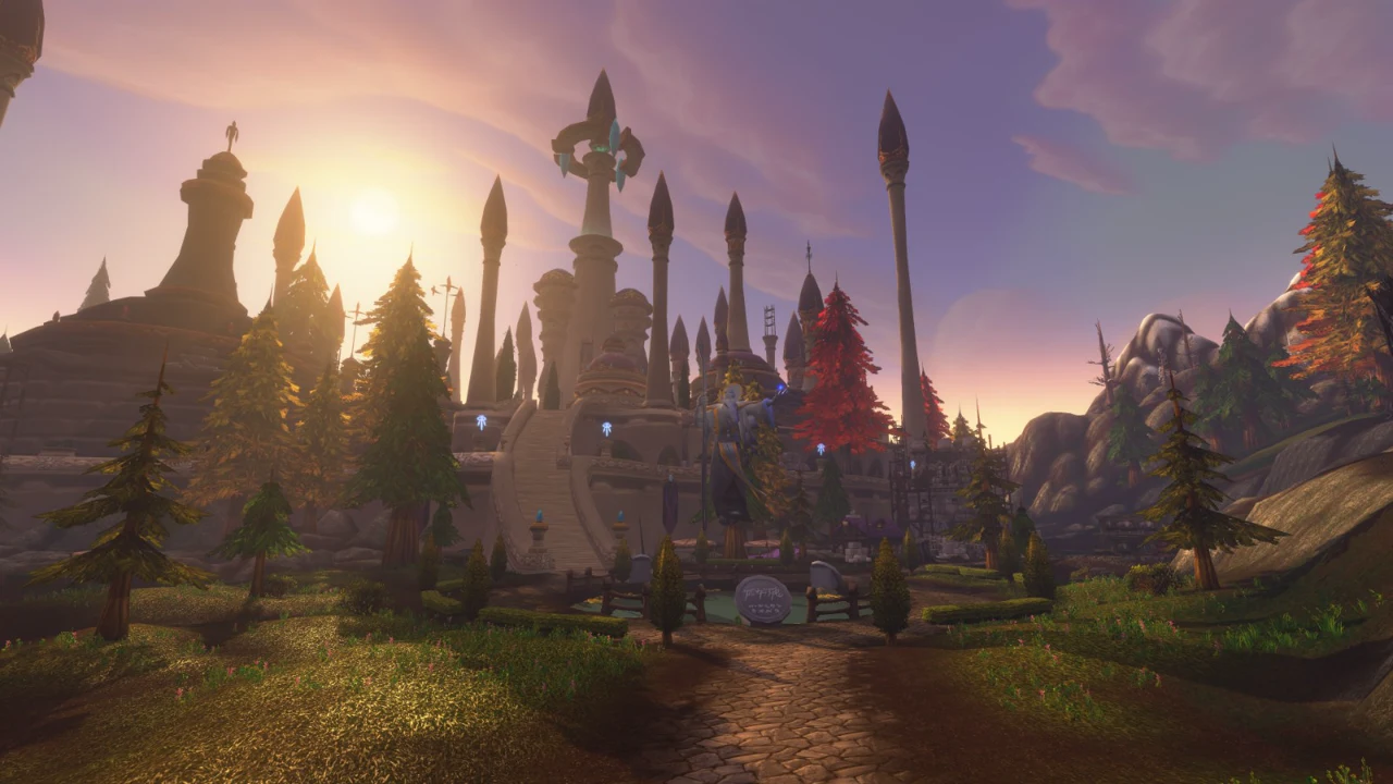 Dalaran’s pale towers and the road to its entrance in the evening sun.